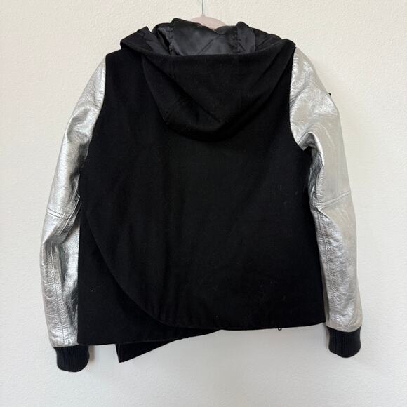 NIKE Wool Leather Sleeve Moto Jacket Black Silver Hooded Medium Women Streetwear - Picture 5 of 7